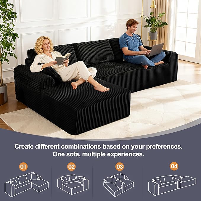 109“L-Shaped Sectional Sofa Boneless Couch Upholstery Cloud Modular Couch with Chaise No Assembly Required Corduroy Fabric Combination Deep Seat Living Room Bedroom (Black, Left Hand Facing)