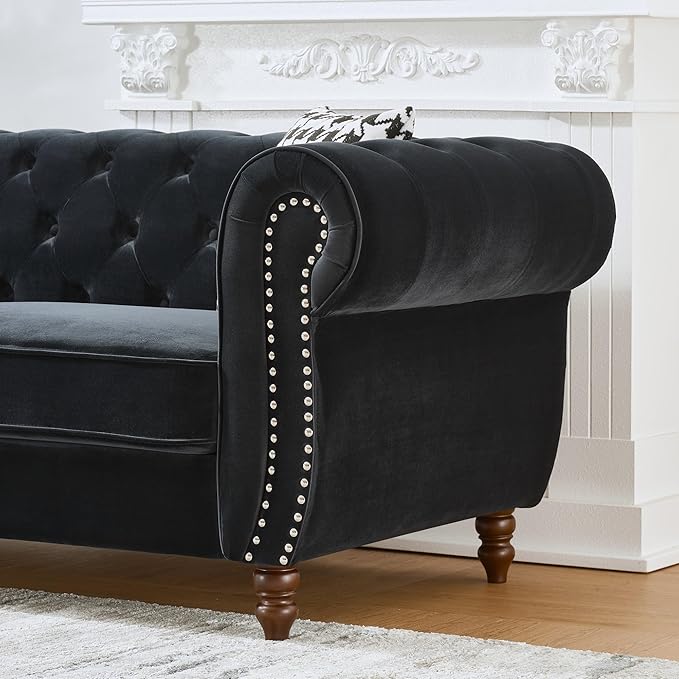 Comfortable Straight-Row Sofa with 2 Pillows,87" Refined Velvet 3 Seat Sofa with Roll Armrest & Nailhead,Sturdy Structure Upholstered Couch for Apartment,Office,Reception Area,Black