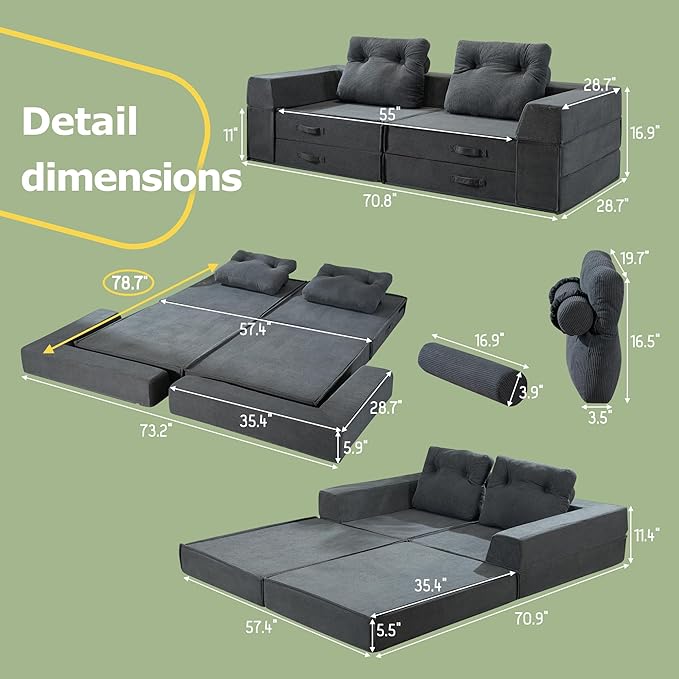 Folding Sofa Bed, 4 in 1 Convertible Sleeper Chair with Pillow, Loveseat Memory Foam Fold Out Chair Bed, Modern Floor Futon Sofa Couch Mattress for Living Room/Guest/Apartment, Black Grey | Compressed sofa, L shaped armrest, Sturdy backrest, Large supp...