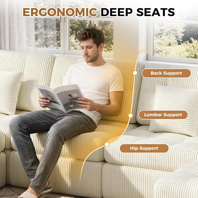 144" U Shaped Cloud Boneless Couch,Modern Modular Sectional Sofa with Layered Cushion,No Assembly Convertible Corduroy Couches for Living Room,Beige 1 PCS