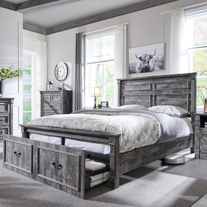 Aitjunz Farmhouse Queen Size Bed Frame with 51" Tall Headboard, Wood Platform Bed Frame with 20" Tall Roman Column Decoration Footboard & 2 Large Storage Drawers, No Box Spring Needed (Light Grey)