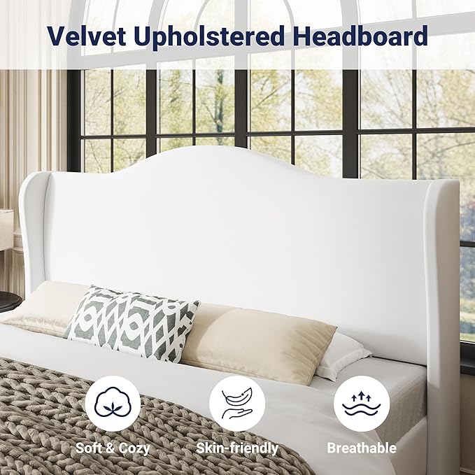 Allewie King Size Bed Frame, Upholstered Wingback Platform with 47" Tall Tufted Headboard, Plush Velvet Fabric, Modern Minimalist Design, No Box Spring Required, Tool-Free Assembly, White