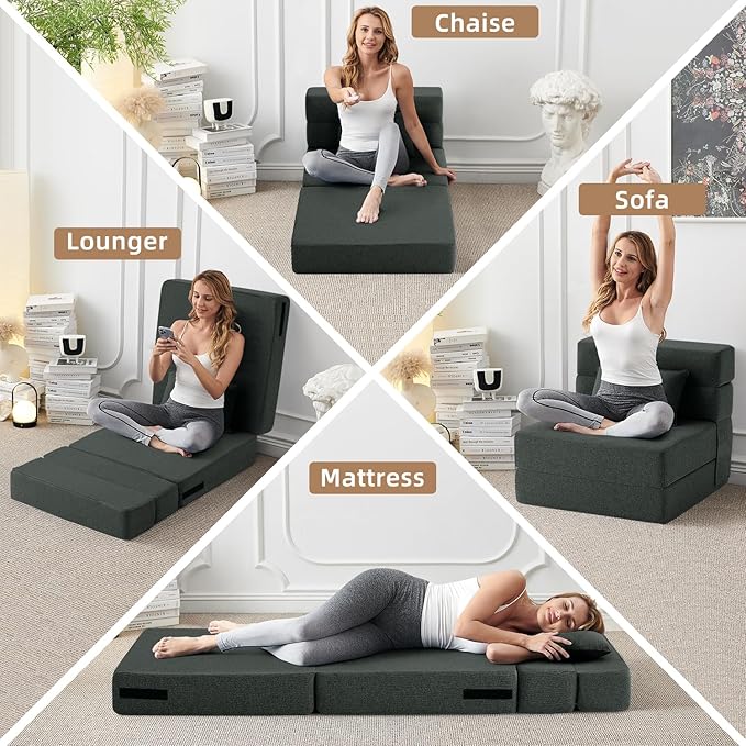 FILUXE Folding Sofa Bed | Convertible Sleeper Chair Bed for Adults, Fold Out Chair to Bed Linen Futon Chair with Pillow, for Home Dorm Apartment RV Living Room, Single Size Dark Gray