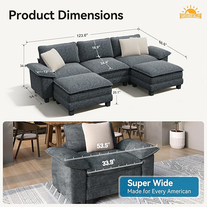U Shaped Modular Cloud Couch, 123.6'' Oversized Chenille Sectional Sofa with Wider Armrest and Ottoman, Upholstered 5-Seat Modern Deep Seat for Bedroom Living Room, Cyan