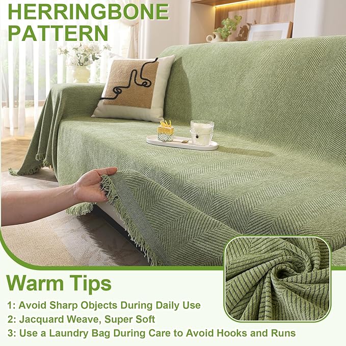 OstepDecor Sectional Couch Covers 2 Pieces, L Shaped Couch Cover Blanket, Sectional Sofa Cover Washable, Chaise Lounge Sofa Slipcovers Furniture Protector for Dogs (71"x118"+91"x134", Green)