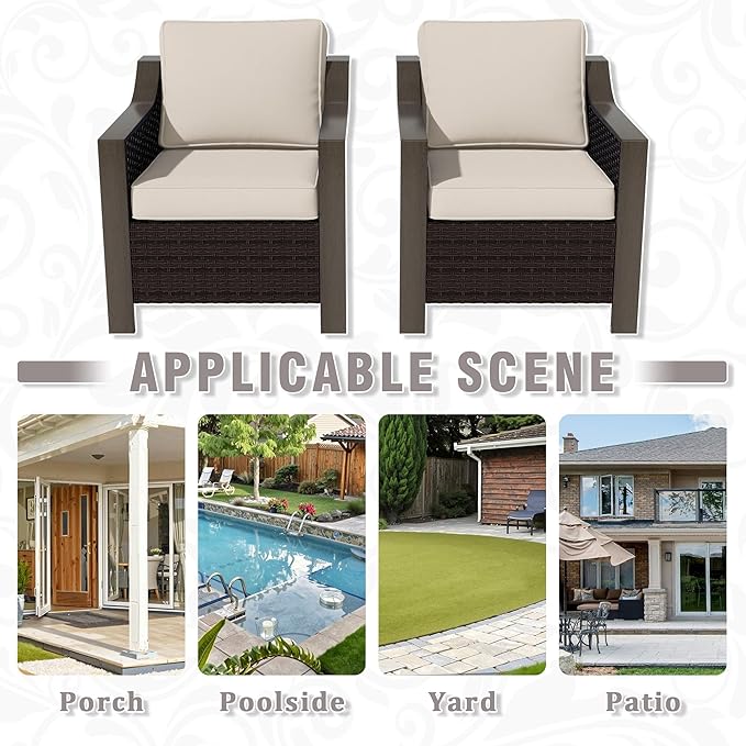 Outdoor Wicker Chair Set of 2, All-Weather Use Patio Rattan Chair with Removable Water-Resistant Cushion, Ideal for Porch, Backyard, Balcony, Poolside, Beige