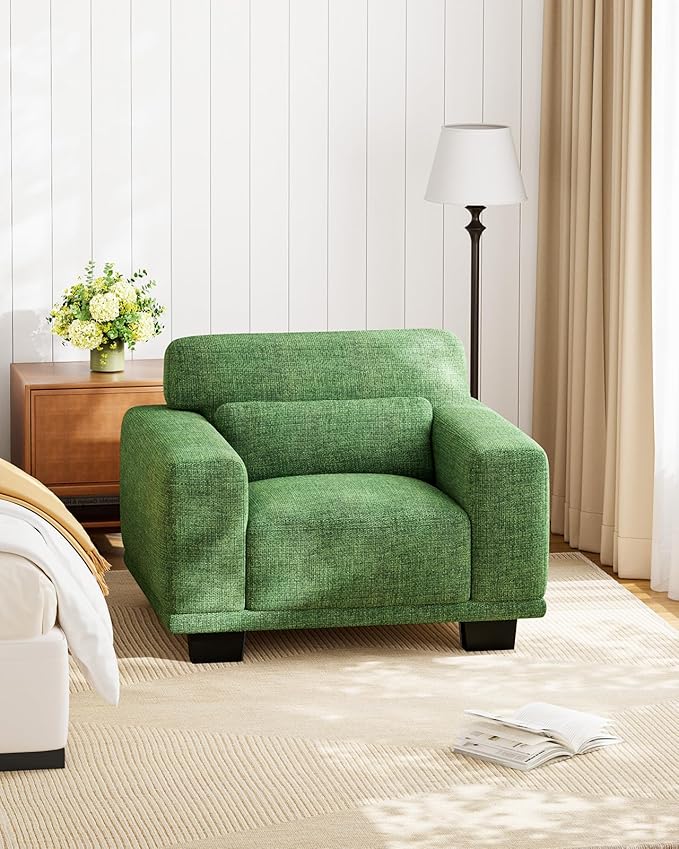 Marsail Single Seater Couch, 40 Inch Sofa with Wide Armrests & Deep Cushions, Modern Linen Fabric Sofas for Living Room, Comfy Upholstered Couch with Removable Washable Covers, Green
