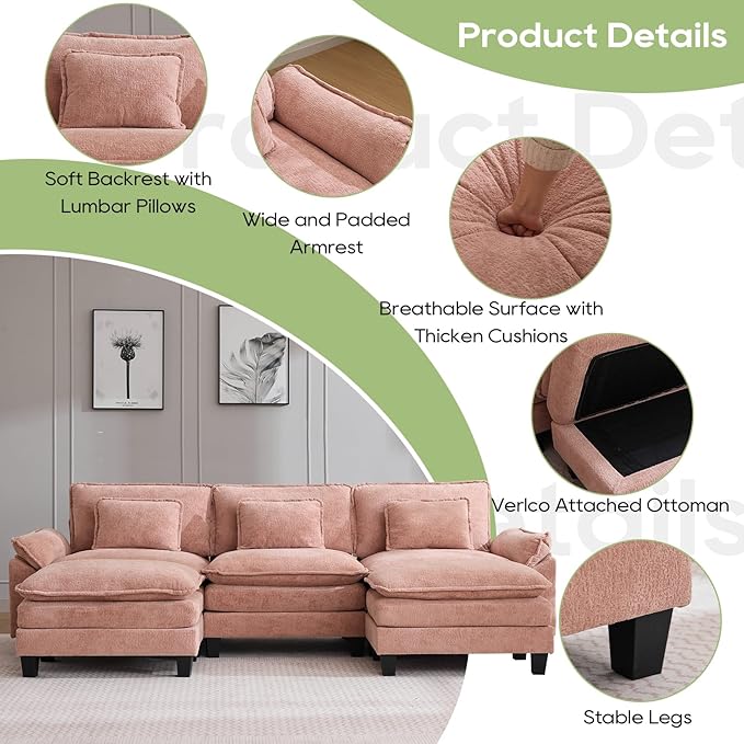 120" Modular Sectional Sofa, Comfy Cloud Couch Sectional Sofa with Ottoman, Chenille Sofa Sleeper Deep Seat Sofa with Throw Pillows for Living Room (Pink, 120"- U Shape)