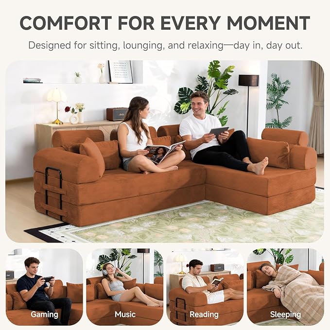 106" L-Shaped Boneless Sectional Couch, 2-Piece 70.87" Modules, Converts to 141.7" Extra-Long Straight Sofa, Corduroy Couch in a Box with Headrest & Back Pillows for Living Room, Orange