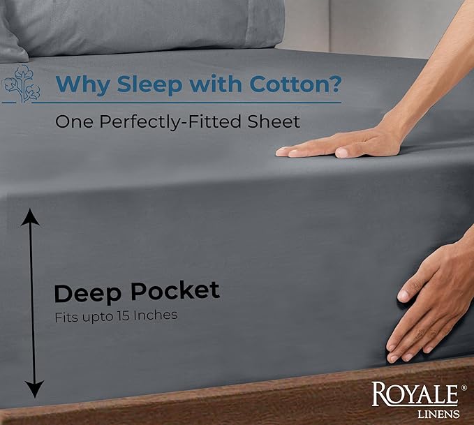 Royale Linens 100% Organic Cotton Fitted Sheet - Percale Weave - Super Soft Deep Pocket Bottom Sheets - Grey Elastic Sheet Twin XL Size - Twin XL Fitted Sheets Only - (39"x80"+15", Grey)