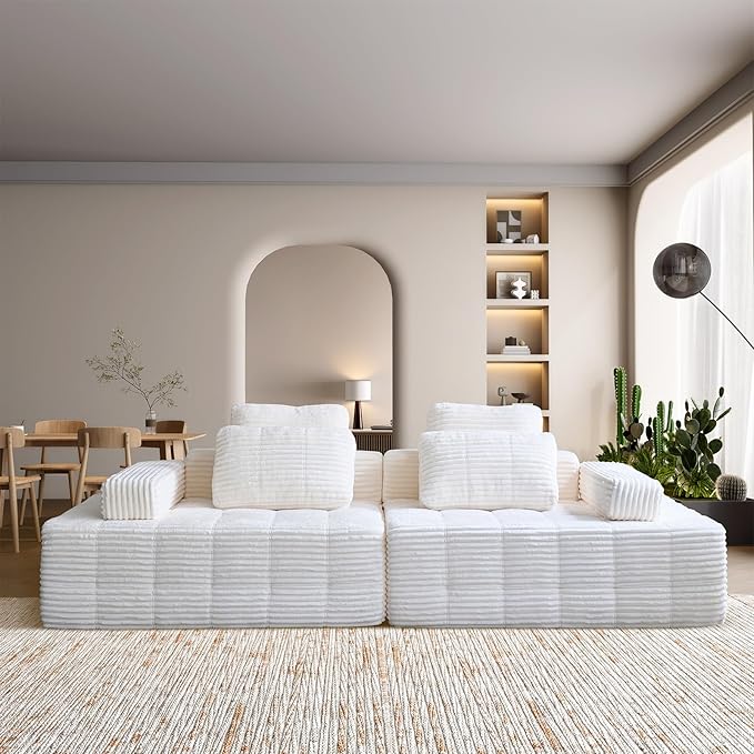 Modular Sectional Sofa with Movable Handrails, Straight-Row Boneless Sofa Sectional Couch for Living Room, Deep Seat Memory Foam Faux Rabbit Fur Fabric Sofa, No Assembly Required (White)