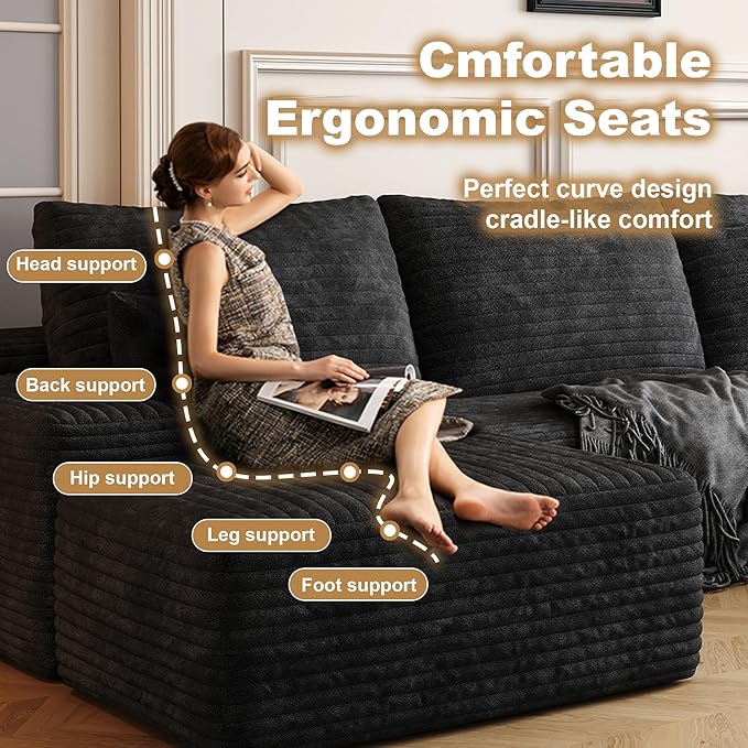108" Sectional Couches for Living Room Cloud Couch Sofa with L-Shape Upholstered Boneless Couchs Modern Modular Sectional Couch with Chaise (Black, 108" Right Facing Chaise+2Seaters+1Ottoman)