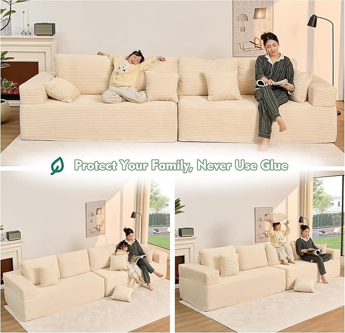 Chaise Lounge Chair, Boneless Couch for Living Room and Bedroom, Set of Sleeper Couches Reading Chairs, Corduroy, White