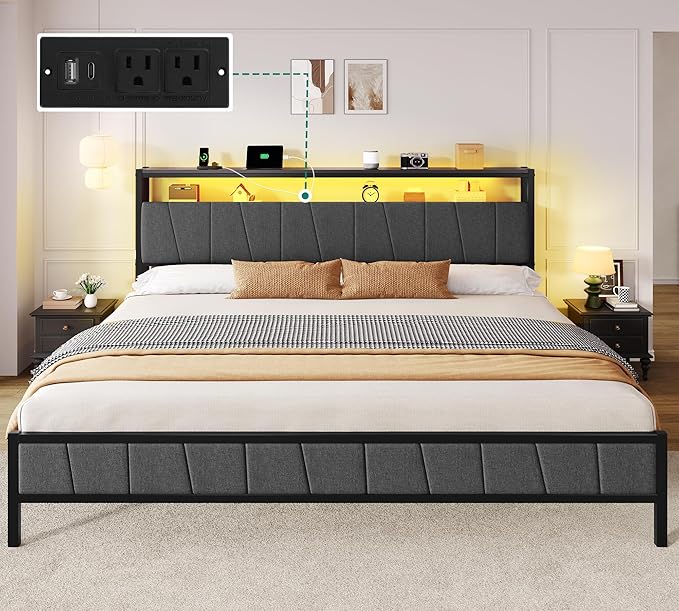 YITAHOME King Bed Frame with Storage Headboard, LED Upholstered Platform Bed with Charging Station, Metal Slats, No Box Spring Needed, Easy Assembly - Gray