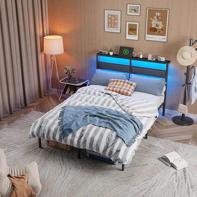 OURPIC Full Size Bed Frame with Headboard, Bed Frame Full Size with LED Light and Charging Station, Black Metal Platform Bedframe and Storage Shelf, No Box Spring Needed, Noise Free