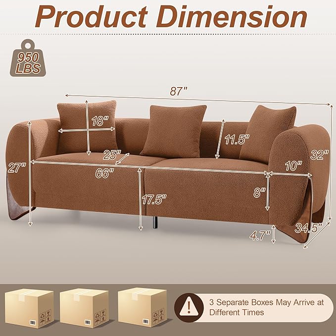 87" Sherpa Boucle Cloud Couch Modern 3 Seater Sofa with Solid Wood Legs, 25" Extra Deep Seat, Comfy Thick Cushion Upholstered Sofa Couches with 3 Pillows for Living Room, Caramel