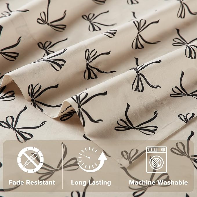 Comfort Spaces 100% Cotton Sheets King, Breathable, Naturally Cool Cotton Sheets, Soft Cotton Bed Sheets with 14" Elastic Pocket Fits up to 16" Mattress, All Seasons Sheet Set, Bow Black/Taupe 4 Piece