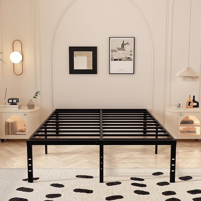 Maenizi Queen Bed Frame with Fabric Cover 18 Inch, Heavy Duty Metal Bed Frame Queen Size, No Box Spring Needed, Support Up to 3000 lbs, Easy Assembly, Noise Free, Black
