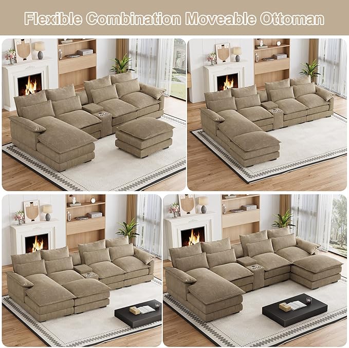 135" U Shaped Cloud Couch Sectional Modular Sectional Couches for Living Room Oversized Comfy Chenille Sofa Cloud Couch Set with Storage Central Console, USB Ports, Chaise Lounge, Ottoman, Brown