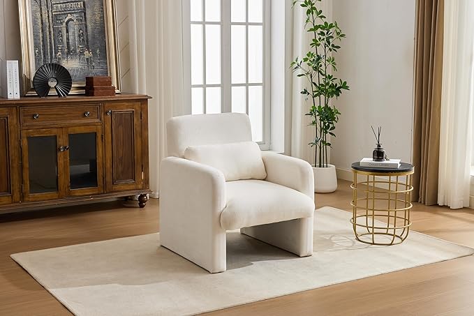 GDFStudio 30" Modern Accent Chair, Upgrade Leisure Boucle Upholstered Armchair with Straight Arms and Waist Pillow, Comfy Single Sofa Chair for Living Room Bedroom Office Apartment, Ancient White