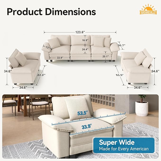 3 Piece Living Room Sofa Furniture Set, Chenille 2 Comfy Cloud Chairs and 3-Seat Modular Couch with Pillow, Oversized 5-Seat Modern Deep Sectional Sofa for Apartment, White
