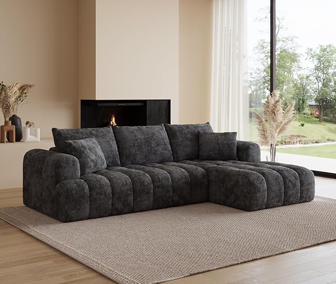 108" Cloud Sectional Couches for Living Room, Boneless L-Shaped Sofa with Pillow 3 Seater Modular Sectional Sofa (Dark Grey)