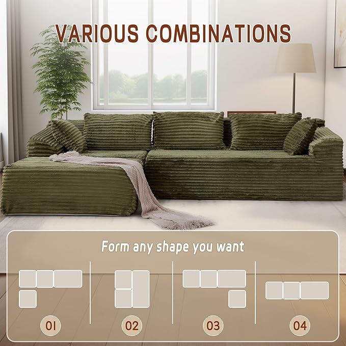 110" L-Shaped Modular Sectional Sofa with Chaise, Boneless Comfy Corduroy Fluffy Couch with Deep Seat and Side Pockets, Flexible Module Combination for Living Room, No Assembly, Side Pockets