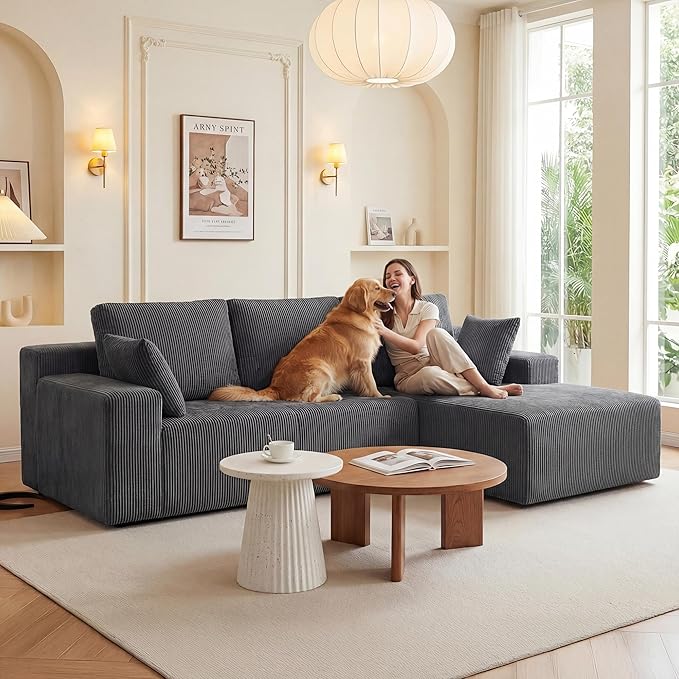 Cloud Sectional Boneless Couches for Living Room, Modular L Shaped Couch with Deep Seat Oversized Right Facing Chaise, Memory Foam Compressed Spineless 3 Seater Sofa for Apartment, Grey | No Assembly Required, Deep Seat, Cat-Claw Resistant, High-Resili...