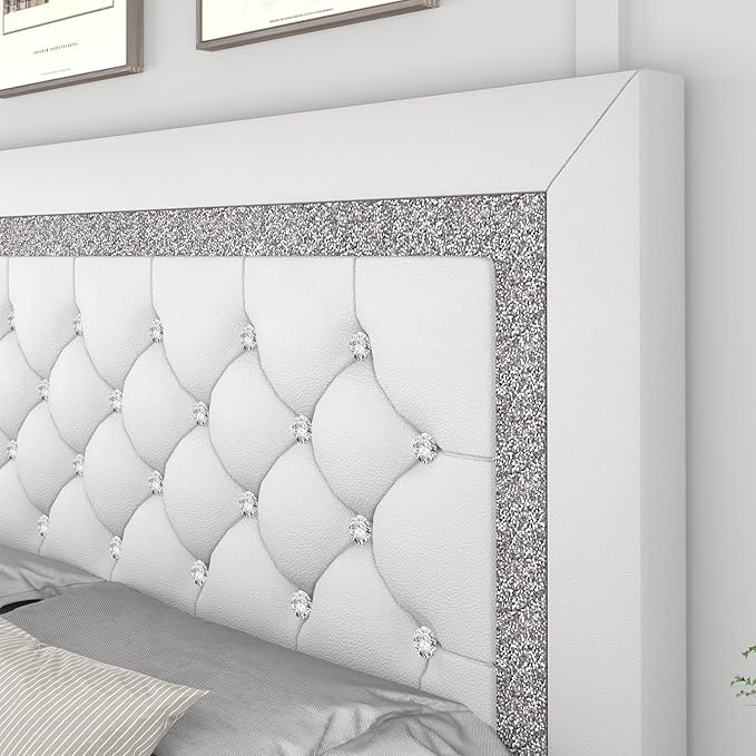 Queen Bed Frame, Faux Leather Platform Bed with Upholstered Diamond Headboard, Mattress Foundation with Strong Wooden Slats Support, No Box Spring Required, Easy Assembly, White
