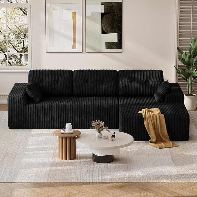 Ball & Cast 106" Cloud Modular Sectional Sofa, Boneless Corduroy Couch with Deep Seat, Comfy L-Shaped Sectional, Modern Upholstered Sofa for Living Room, No Assembly (Black, Right Facing Chaise)