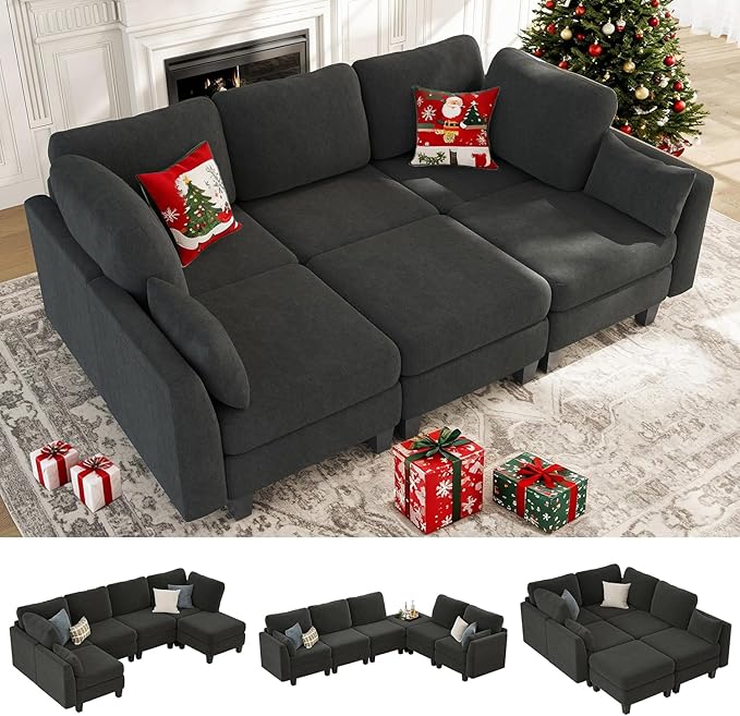 Sectional Sleeper Sofa, 6 Seaters Modular Sleeper Sofa Couch, Comfy Sectionals Couches Bed, Convertible Sofas with Ottomans, Modular Sectional Couches for Living Room, Dark Grey