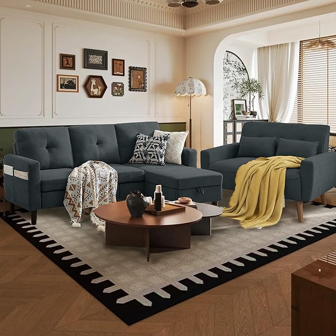 Convertible Sectional Sofa Set, Small L Shaped 3-Seat Couch with Reversible Chaise and Loveseat Sofa, Modern Polyester Sofas Couches for Living Room, Dark Grey | L Shaped 3-Seat, Reversible Chaise, Loveseat Sofa, Modern Polyester, For Living Room