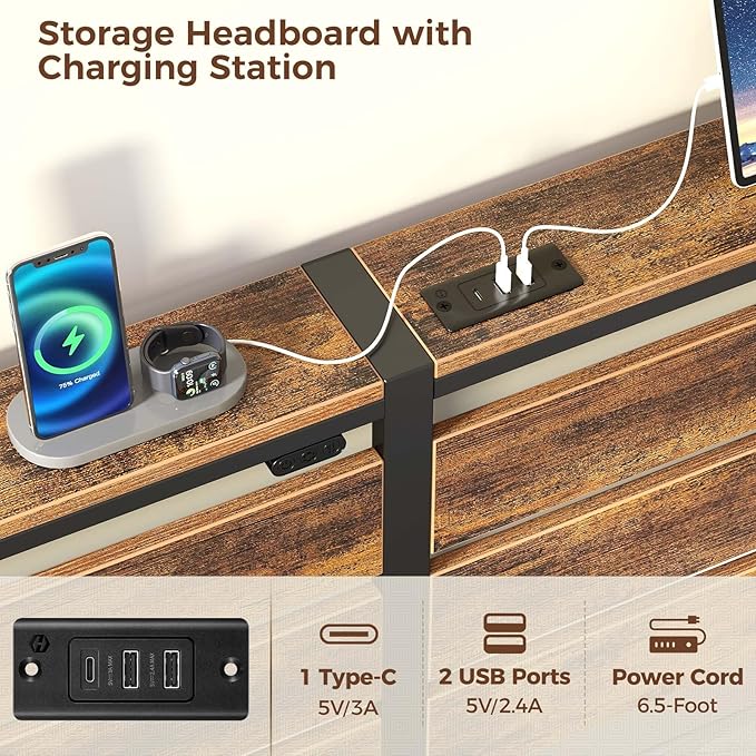 Rolanstar Bed Frame King Size with USB Charging Station, LED Bed Frame with Wood Storage Headboard, Rustic Brown Metal Platform Bed with Under Bed Storage, No Box Spring Needed, Noise Free