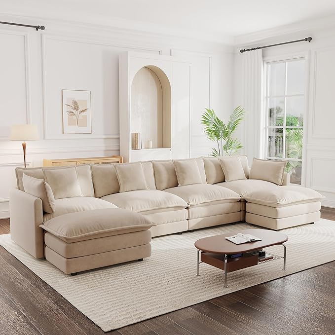 mikibama Modular Sectional Sofa, 146.5 Inch U Shaped Couch Set for Living Room, 4-Seater Comfy Cloud Couches with Two Movable Ottoman, DIY Combination, Chenille, Light Coffee