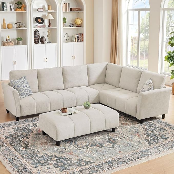 103" Convertible Sectional Sofa with Long Ottoman, Modern Upholstered Fabric L-Shaped Couch with Back Cushions, 6 Seat Sofa Couches for Living Room, Apartment, Office, Beige