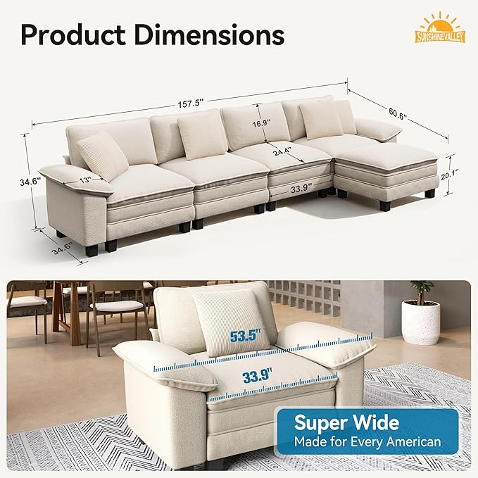 L Shaped Modular Cloud Couch, 157.5'' Oversized Chenille Sectional Sofa with Wider Armrest and Ottoman, Upholstered 5-Seat Modern Deep Seat for Bedroom Living Room, Beige