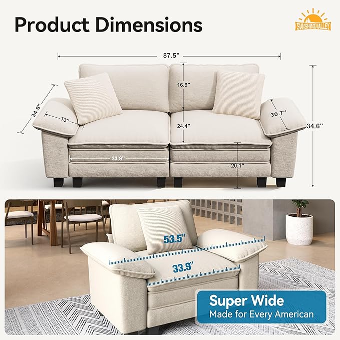 Modular Loveseat Cloud Sofa, 87.5'' Oversized Chenille Sectional Couch with Wider Armrest and Pillow, 2 Seat Upholstered Modern Love Seat for Living Room Bedroom, Beige