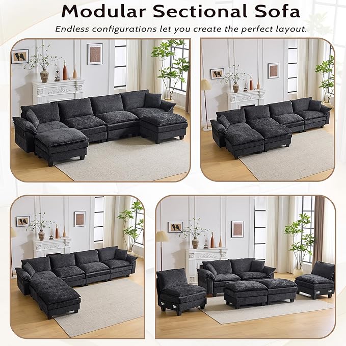 138" Modular Sectional Couch, U Shaped Comfy Cloud Couch with Ottoman and Throw Pillows, Modern Chenille Sofa Sleeper Deep Seat Sofa Couched for Living Room,Apartment(Grey)