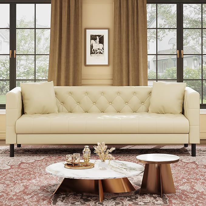 GarveeHome 81 in Leather Couch for Living Room, Modern Sofa Couch with Deep Seat and 2 Pillows, Handmade Button Tufted 3 Seater Sofa, Leather Sofa for Apartment, Office, Beige