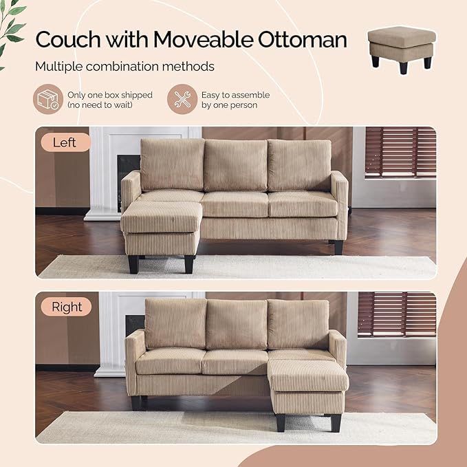 VINGLI 68.5' L Shaped Couch with Movable Storage Ottoman, Convertible Sectional Sofa in Soft Corduroy Fabric, Modern Reversible Chaise Couch for Small Spaces, Apartment, Living Room，Khaki