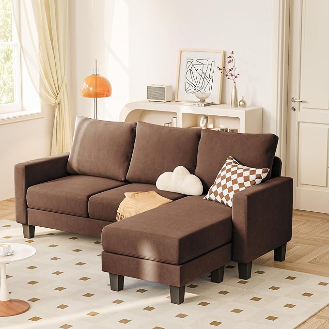 YESHOMY Small Couches for Living Room, Modern Sectional Couch, Comfy Sofa with L-Shaped Chaise, Convertible Sofas with Ottoman and Side Pockets for Small Space, Brown
