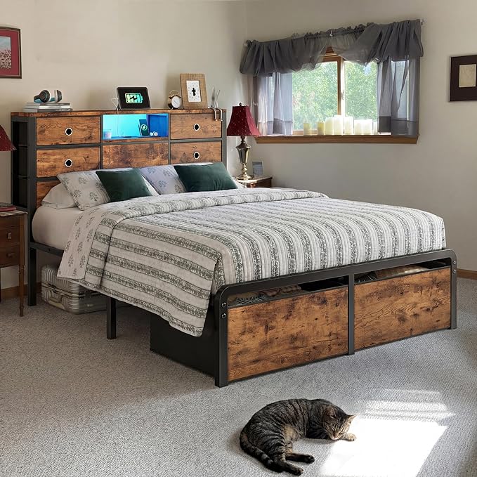 Homkdom Full Size Bed Frame with 8 Fabric Storage Drawers, LED Lights & Charging Station, Metal Platform Bed Frame with Headboard Storage,No-Noise,Easy Assembly,Modern Brown