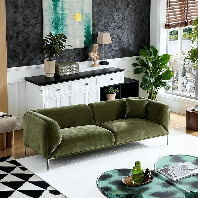 MEETAKING 82.68" Modern Sofa, 3-Seater Deep Seats Tuxedo Couch, Boucle Sofas with 2 Pillows, Minimalist Couches Straight with Metal Legs, High Armrests for Living Room,Bedroom,Home Office(Green)