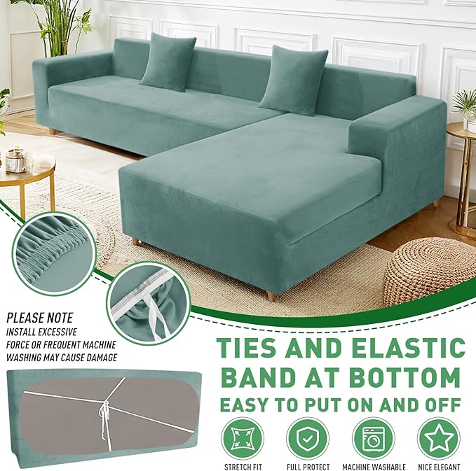 ZNSAYOTX 2026 Soft Velvet Sectional Couch Covers, Luxury Plush Slipcovers with Elastic Bottom for L Shape Sectional Sofa, 2 Pcs Pet Friendly Protector (3 Seat Couch + 3 Seat Chaise, Pea Green)
