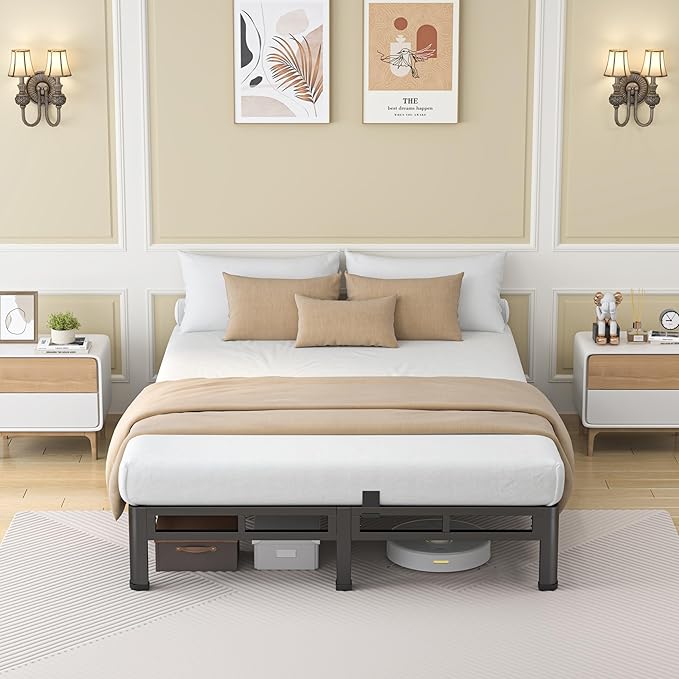 NKZ 7 Inch Full Size Bed Frame, Metal Bed Frame & Box Spring 2 in 1 Platform with Round Corner Legs, 4000Lbs Heavy Duty Low-Profile Frame, Mattress Slide Stopper, Noise-Free, Easy Assembly