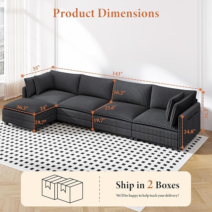 Vesgantti 143" L Shaped Modular Sectional Couch, Comfy Corduroy Upholstered Cloud Couches for Living Room, Modern 3 Seater Sofa with Movable Ottoman & Throw Pillows, Dark Grey