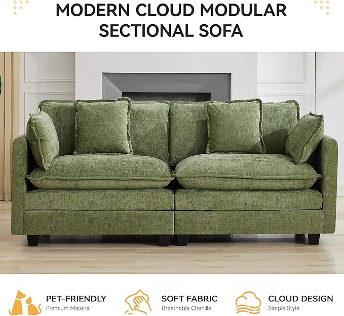 76'' Cloud Deep Seat Loveseat, Upholstered Chenille Modular 2-Seats Sectional Sofa Couch, Modern Comfy Settee Loveseat for Living Room Set, Small Apartment, Green