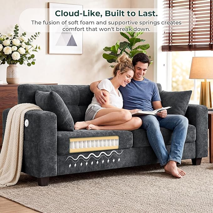 70" Loveseat Sofa for Living Room, Modern Chenille Cloud Couch with USB/Type-C Charging Ports, Side Pockets, Removable Cover, Wide Armrests, Small Couch for Small Space, Easy Assembly, Grey