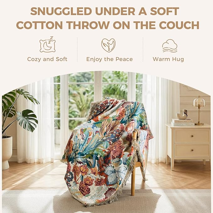 LUTBM Boho Throw Blanket for Couch Sofa Chair Cotton Spring Blankets for Bedroom Living Room All Season Soft Lightweight Reversible Botanical Floral Embroidery Decorative Throws 50"x60" Home Decor