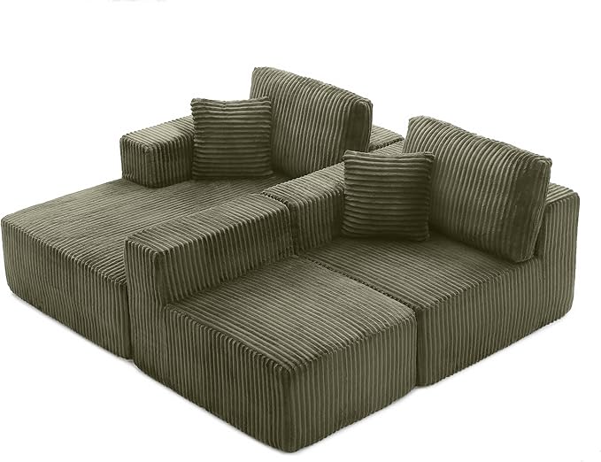 L Shaped Modular Boneless Sectional Couches for Living Room, Wide Armrest, Deep Seat, Memory Foam, Assembly Free, Modern Comfy Corduroy Fluffy Cloud Sofa with Left Chaise, Green
